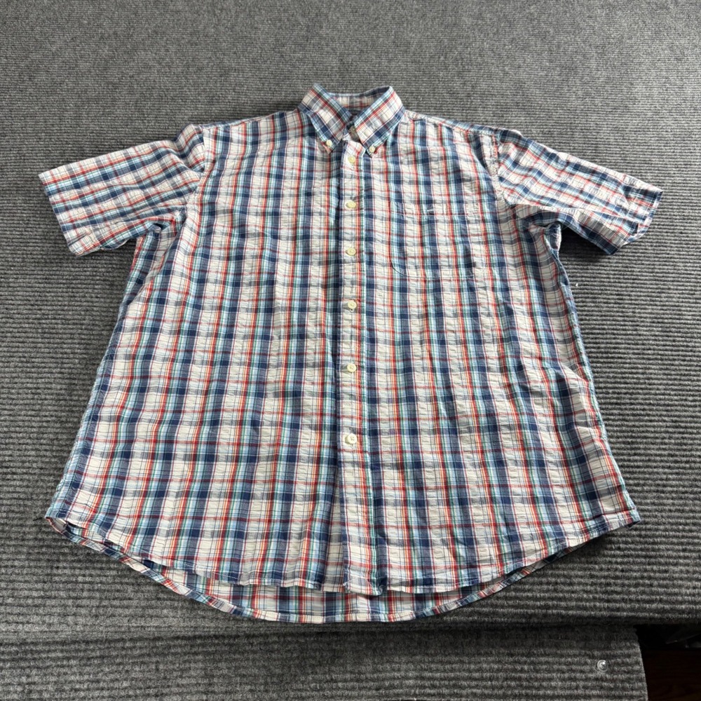 Lands End Mens Medium Blue Orange Plaid Seersucker Short Sleeve Button Down Shir - Picture 3 of 10